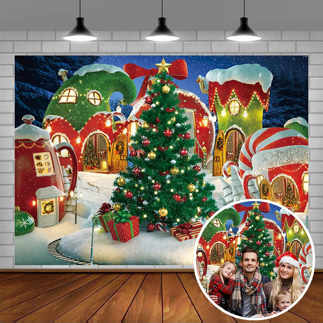 Cartoon Christmas Village Photography Backdrop Winter Snow Pine Tree Background Xmas Fairy Tale Animated Kid Party Photo Booth Banner Supplies (7x5)