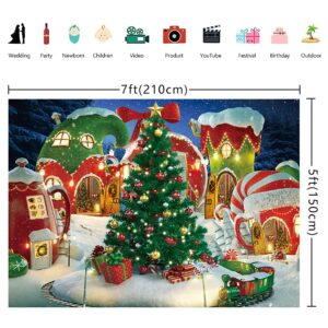 Cartoon Christmas Village Photography Backdrop Winter Snow Pine Tree Background Xmas Fairy Tale Animated Kid Party Photo Booth Banner Supplies (7x5)