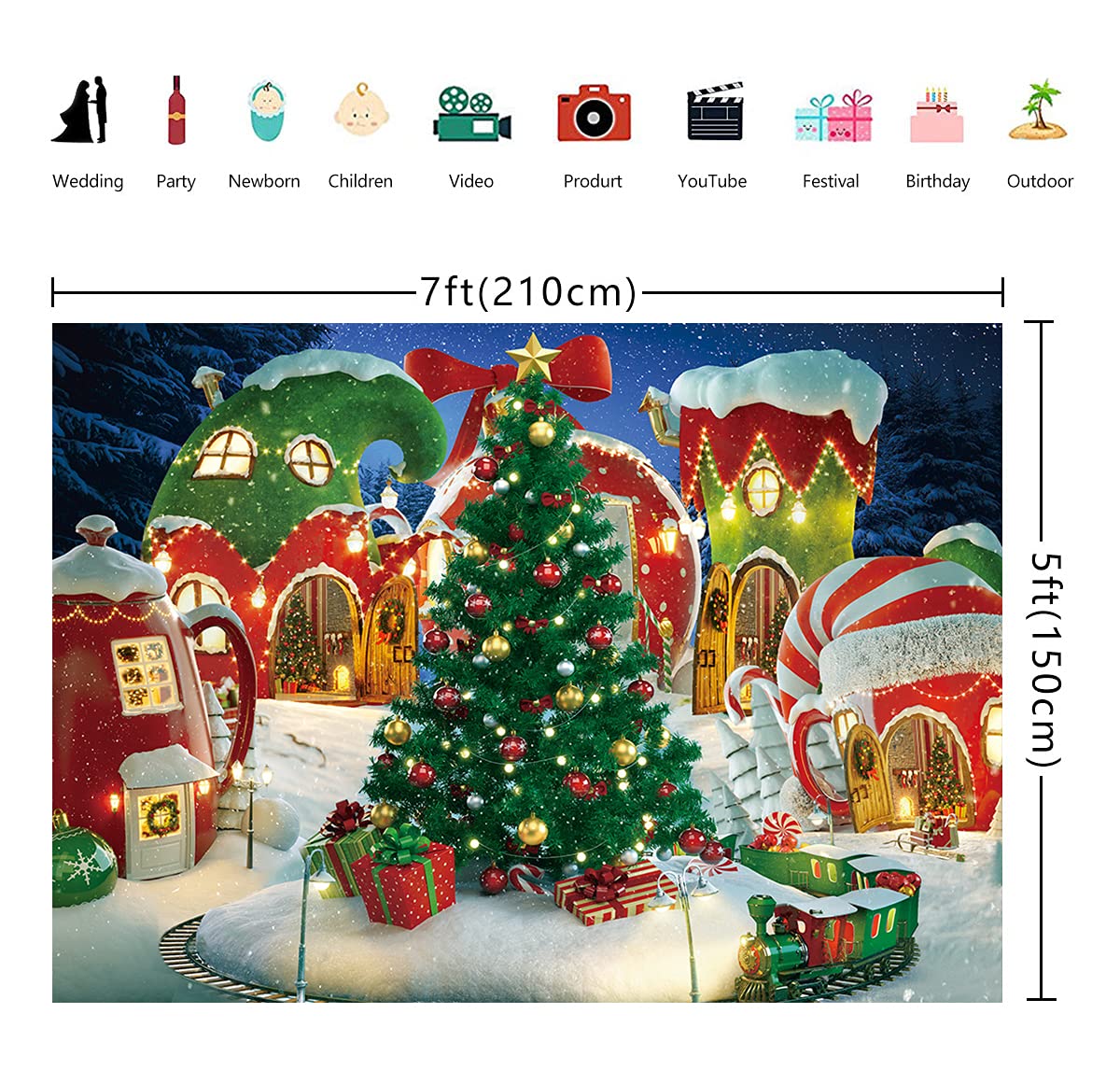 Cartoon Christmas Village Photography Backdrop Winter Snow Pine Tree Background Xmas Fairy Tale Animated Kid Party Photo Booth Banner Supplies (7x5)