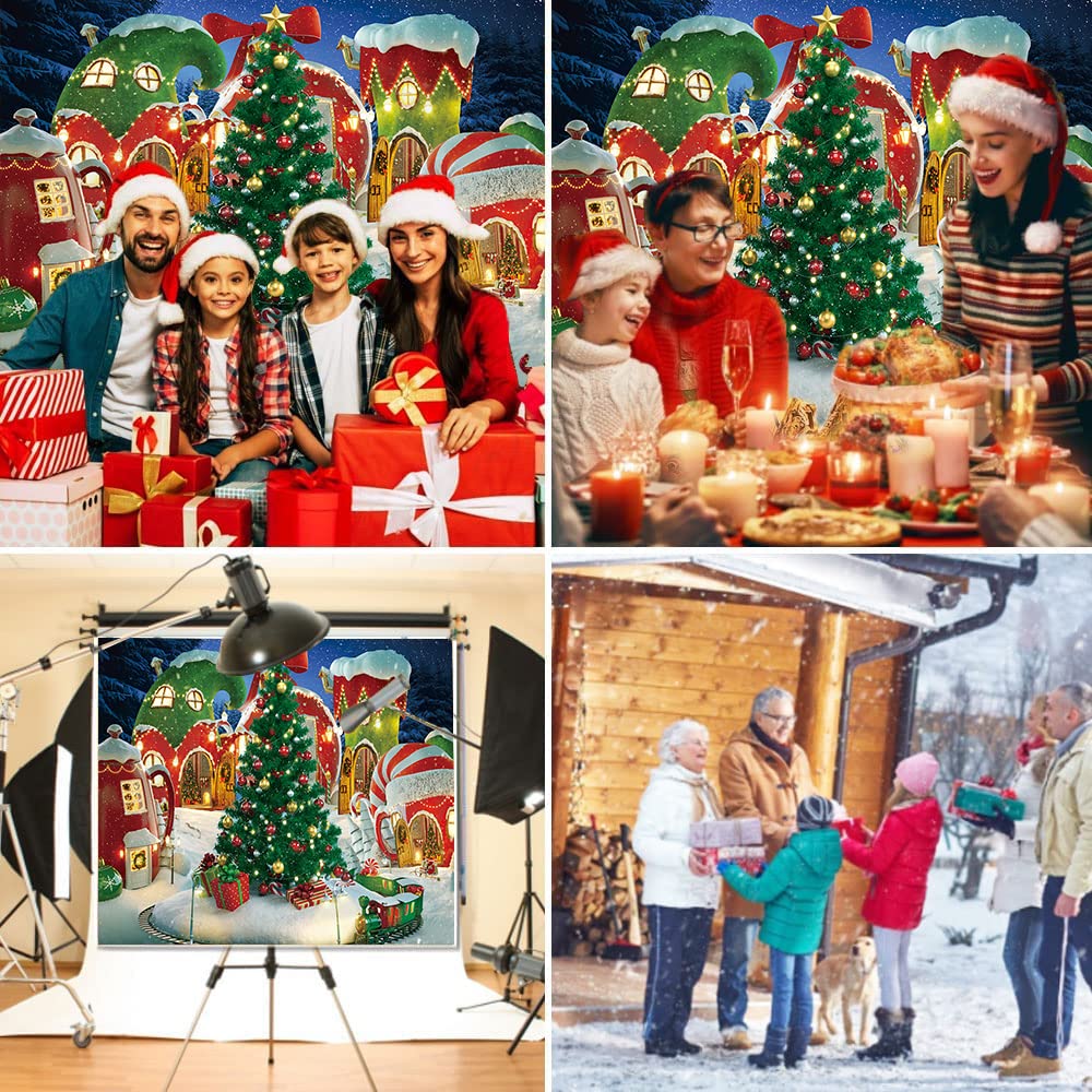 Cartoon Christmas Village Photography Backdrop Winter Snow Pine Tree Background Xmas Fairy Tale Animated Kid Party Photo Booth Banner Supplies (7x5)