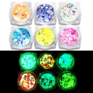 glow in the dark glitter, jemesi 6 color luminous iridescent chunky glitter, cosmetic craft glitter set for epoxy resin, body, face, nail, craft and festival party decoratio