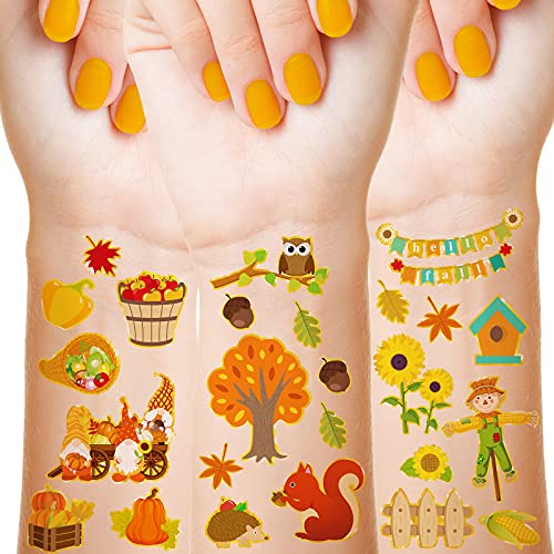 288 Pieces 48 Styles Fall Temporary Tattoos for Kids Autumn Temporary Tattoos Stickers Pumpkin Leaves Scarecrows Fake Tattoos Thanksgiving Tattoo Stickers for Children Theme Party Supplies