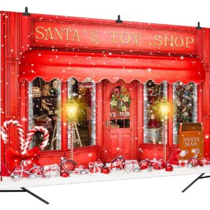 DePhoto Red Christmas Photo Backdrop Santa's Toy Shop Candy Cane in Snow World Xmas Family Holiday Party Banner Photography Background Supplies Decor Studio Prop PGT673A 7x5ft