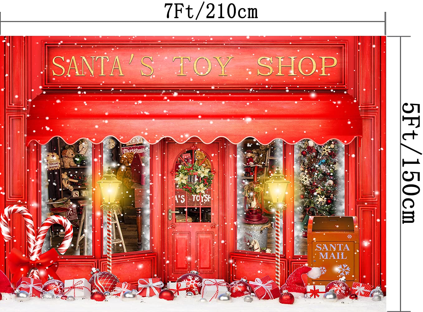 DePhoto Red Christmas Photo Backdrop Santa's Toy Shop Candy Cane in Snow World Xmas Family Holiday Party Banner Photography Background Supplies Decor Studio Prop PGT673A 7x5ft