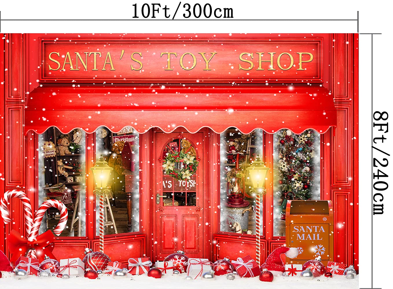 DePhoto Red Christmas Photo Backdrop Santa's Toy Shop Candy Cane in Snow World Xmas Family Holiday Party Banner Photography Background Supplies Decor Studio Prop PGT673C 10x8ft