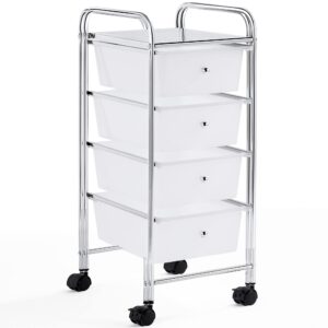 yaheetech 4 drawers cart rolling plastic storage cart and organizer metal frame plastic drawers plastic trolley organizer on wheels, white