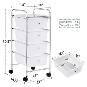 Yaheetech 4 Drawers Cart Rolling Plastic Storage Cart and Organizer Metal Frame Plastic Drawers Plastic Trolley Organizer on Wheels, White