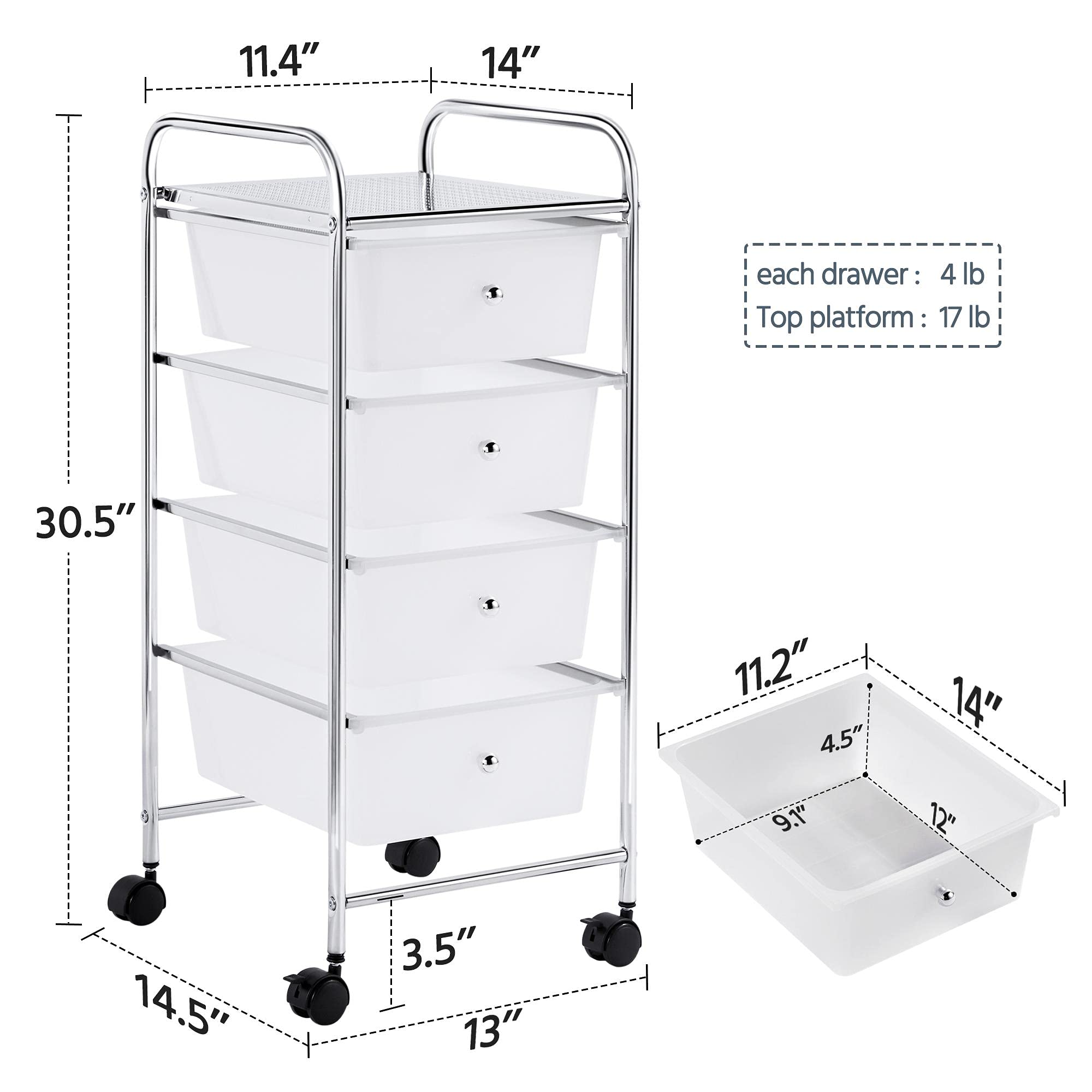 Yaheetech 4 Drawers Cart Rolling Plastic Storage Cart and Organizer Metal Frame Plastic Drawers Plastic Trolley Organizer on Wheels, White