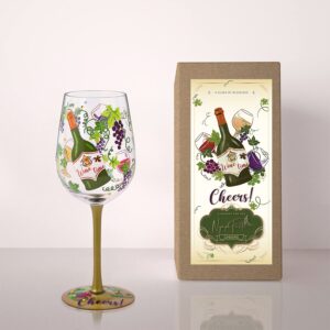 NymphFable Hand Painted Wine Glass 15oz Green Vines Purple Grapes Cocktail Glasses Birthday Wine Gifts for Wine Lover