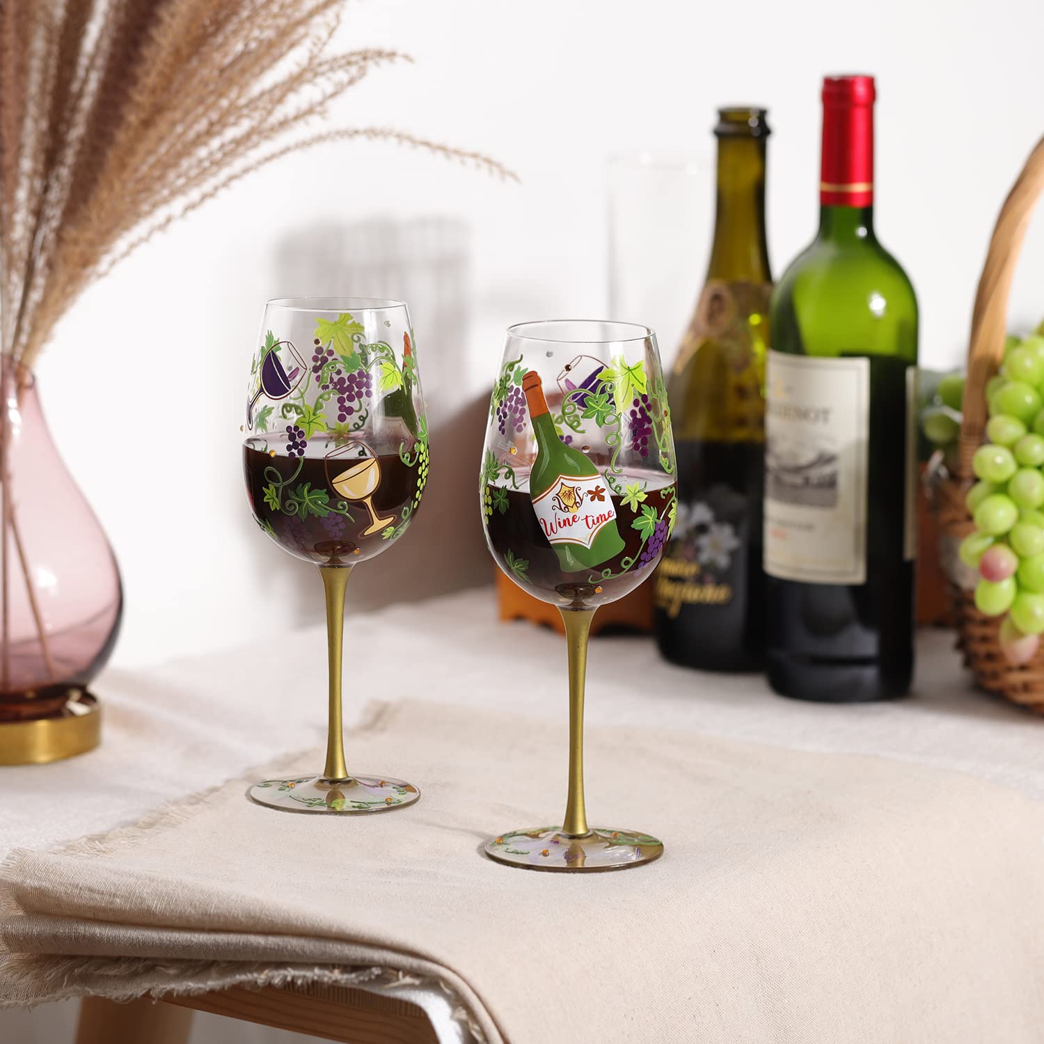 NymphFable Hand Painted Wine Glass 15oz Green Vines Purple Grapes Cocktail Glasses Birthday Wine Gifts for Wine Lover