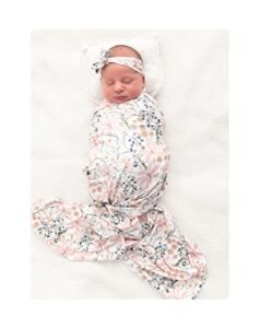 vollmic newborn baby girl receiving blanket swaddle blanket stretchy knit swaddle set with matching headband (golden flower)