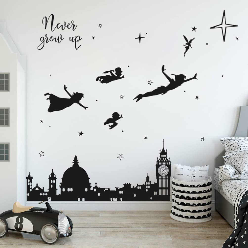 Runtoo Never Grow Up Nursery Wall Decals Quotes Big Ben Cityscape Wall Stickers for Kids Room Baby Bedroom Wall Decor