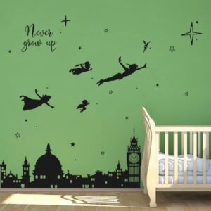 Runtoo Never Grow Up Nursery Wall Decals Quotes Big Ben Cityscape Wall Stickers for Kids Room Baby Bedroom Wall Decor