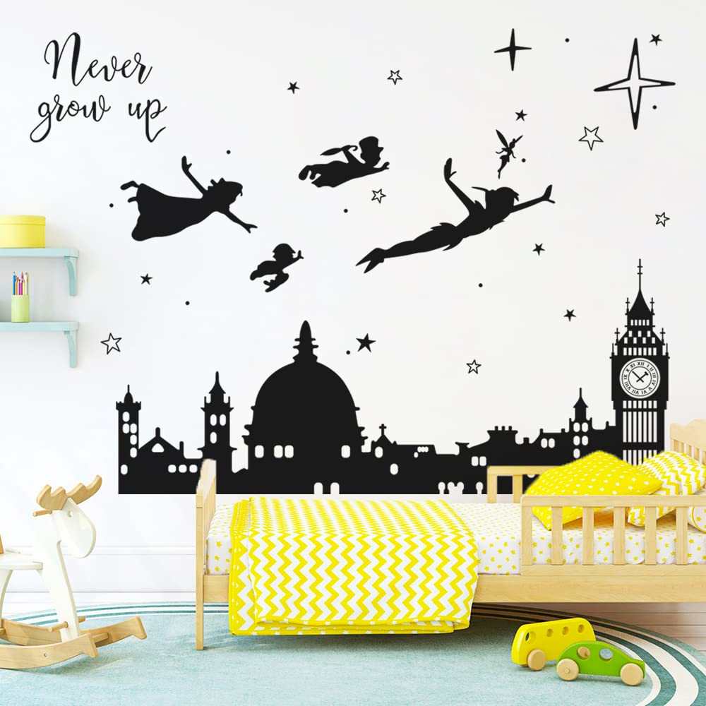 Runtoo Never Grow Up Nursery Wall Decals Quotes Big Ben Cityscape Wall Stickers for Kids Room Baby Bedroom Wall Decor