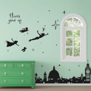 Runtoo Never Grow Up Nursery Wall Decals Quotes Big Ben Cityscape Wall Stickers for Kids Room Baby Bedroom Wall Decor