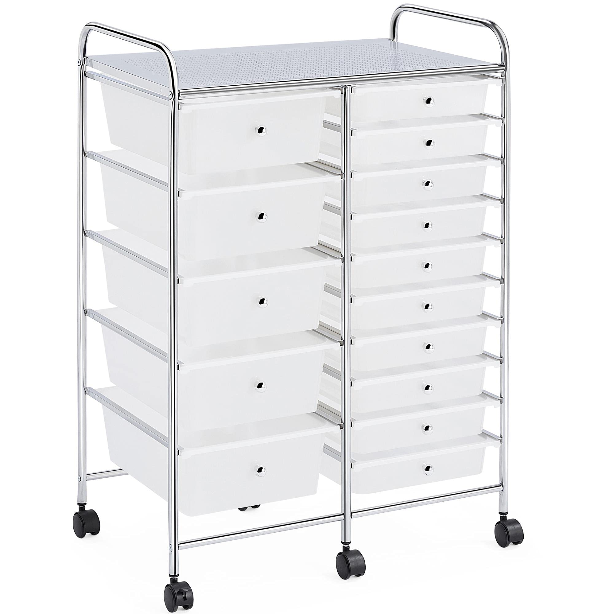 Yaheetech 15 Drawers Rolling Storage Cart Multipurpose Mobile Rolling Utility Storage Organizer Cart Tools Scrapbook Paper Organizer on Wheels, White