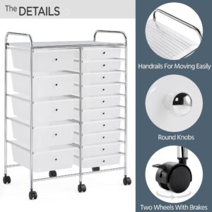 Yaheetech 15 Drawers Rolling Storage Cart Multipurpose Mobile Rolling Utility Storage Organizer Cart Tools Scrapbook Paper Organizer on Wheels, White