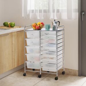 Yaheetech 15 Drawers Rolling Storage Cart Multipurpose Mobile Rolling Utility Storage Organizer Cart Tools Scrapbook Paper Organizer on Wheels, White