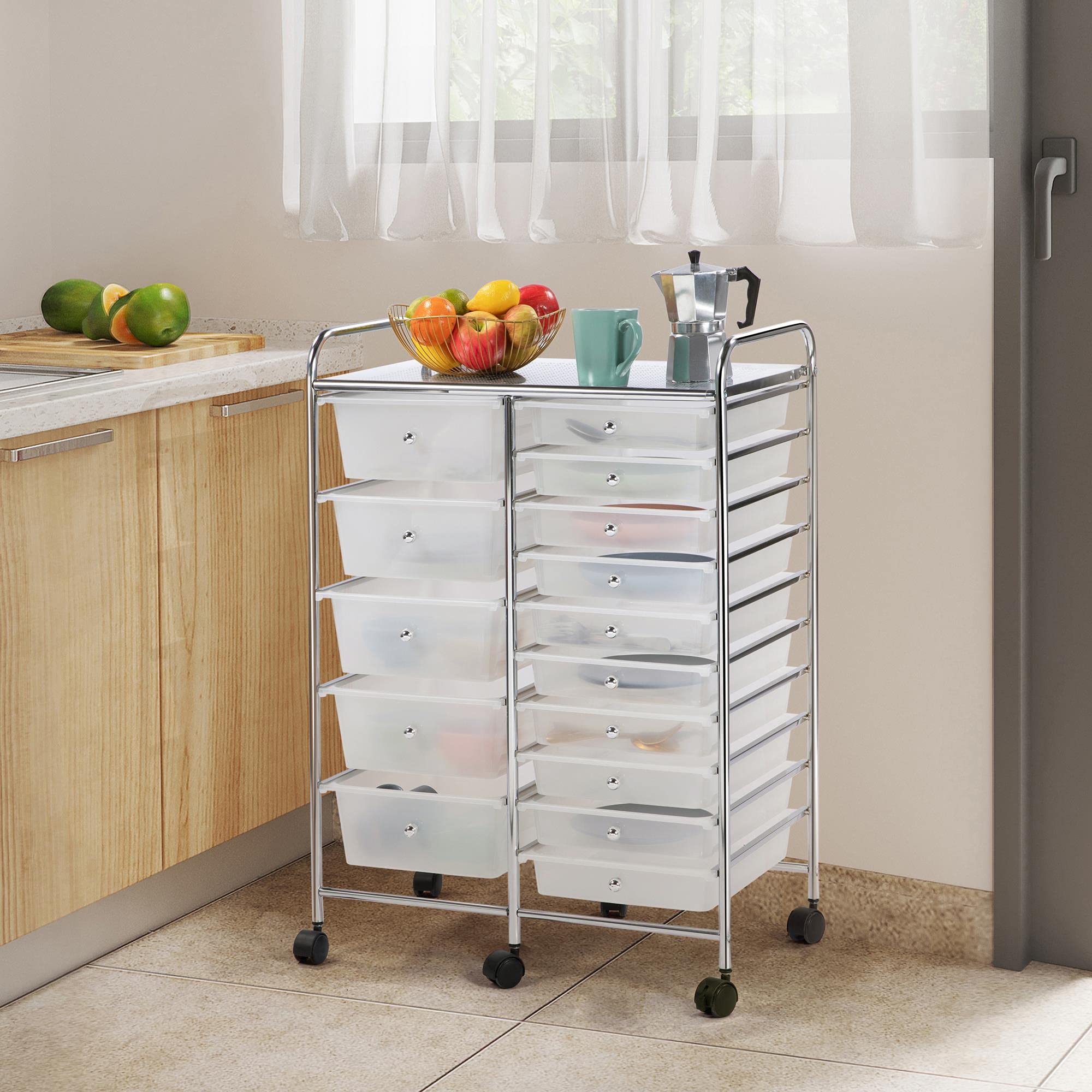 Yaheetech 15 Drawers Rolling Storage Cart Multipurpose Mobile Rolling Utility Storage Organizer Cart Tools Scrapbook Paper Organizer on Wheels, White