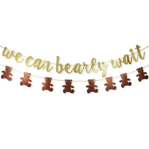 we can bearly wait glitter banner, baby shower decorations, gender reveal party supplies for teddy bear theme garland (gold and brown)