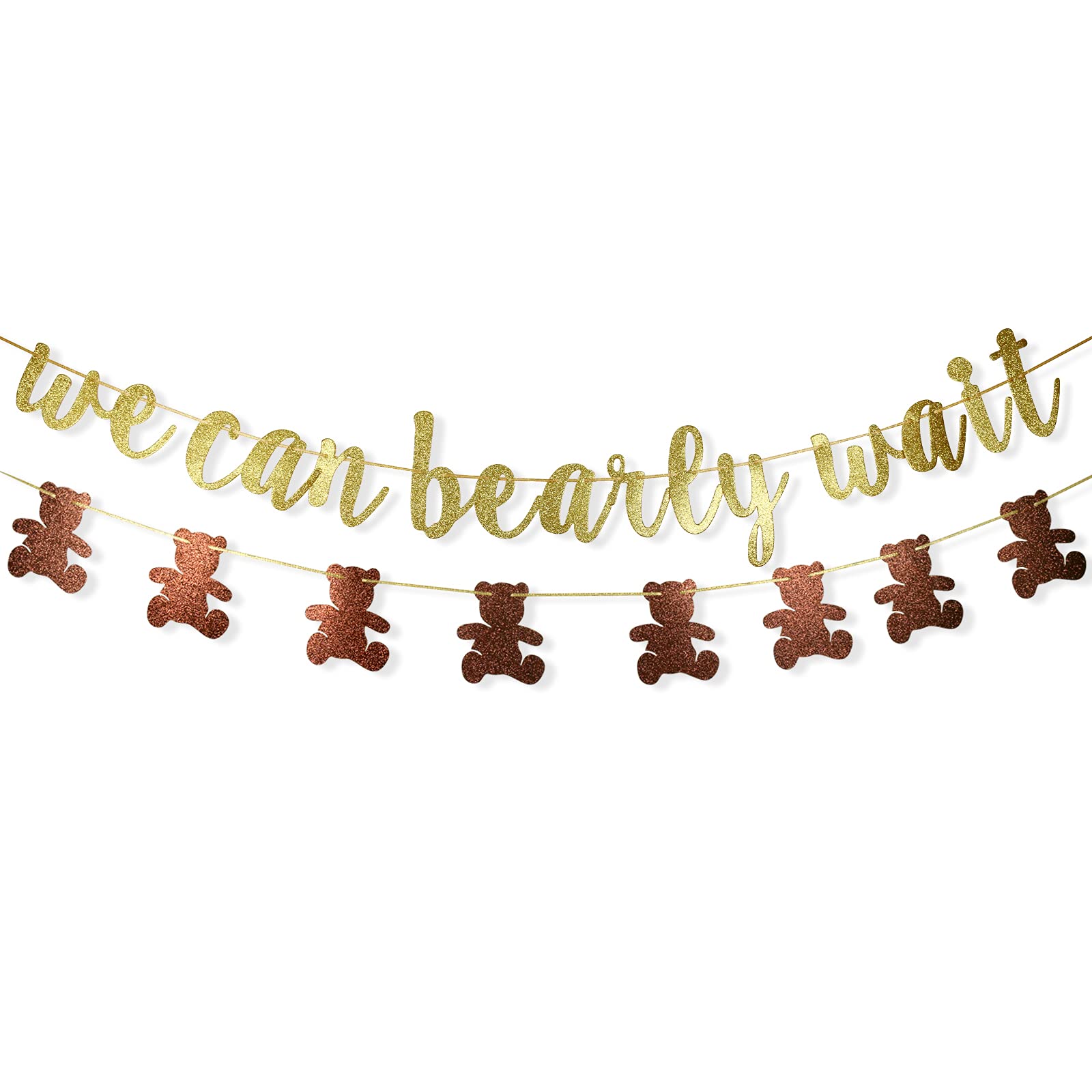 We Can Bearly Wait Glitter Banner, Baby Shower Decorations, Gender Reveal Party Supplies for Teddy Bear Theme Garland (Gold and Brown)