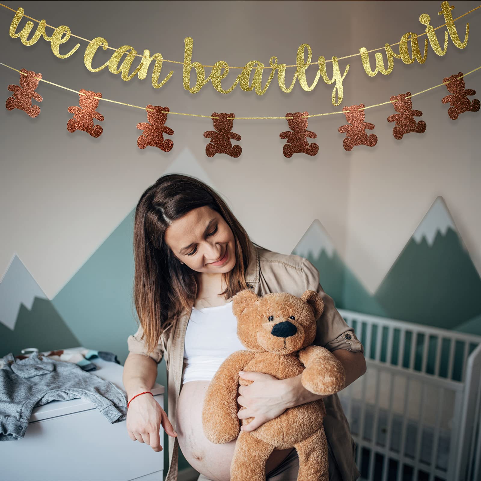 We Can Bearly Wait Glitter Banner, Baby Shower Decorations, Gender Reveal Party Supplies for Teddy Bear Theme Garland (Gold and Brown)