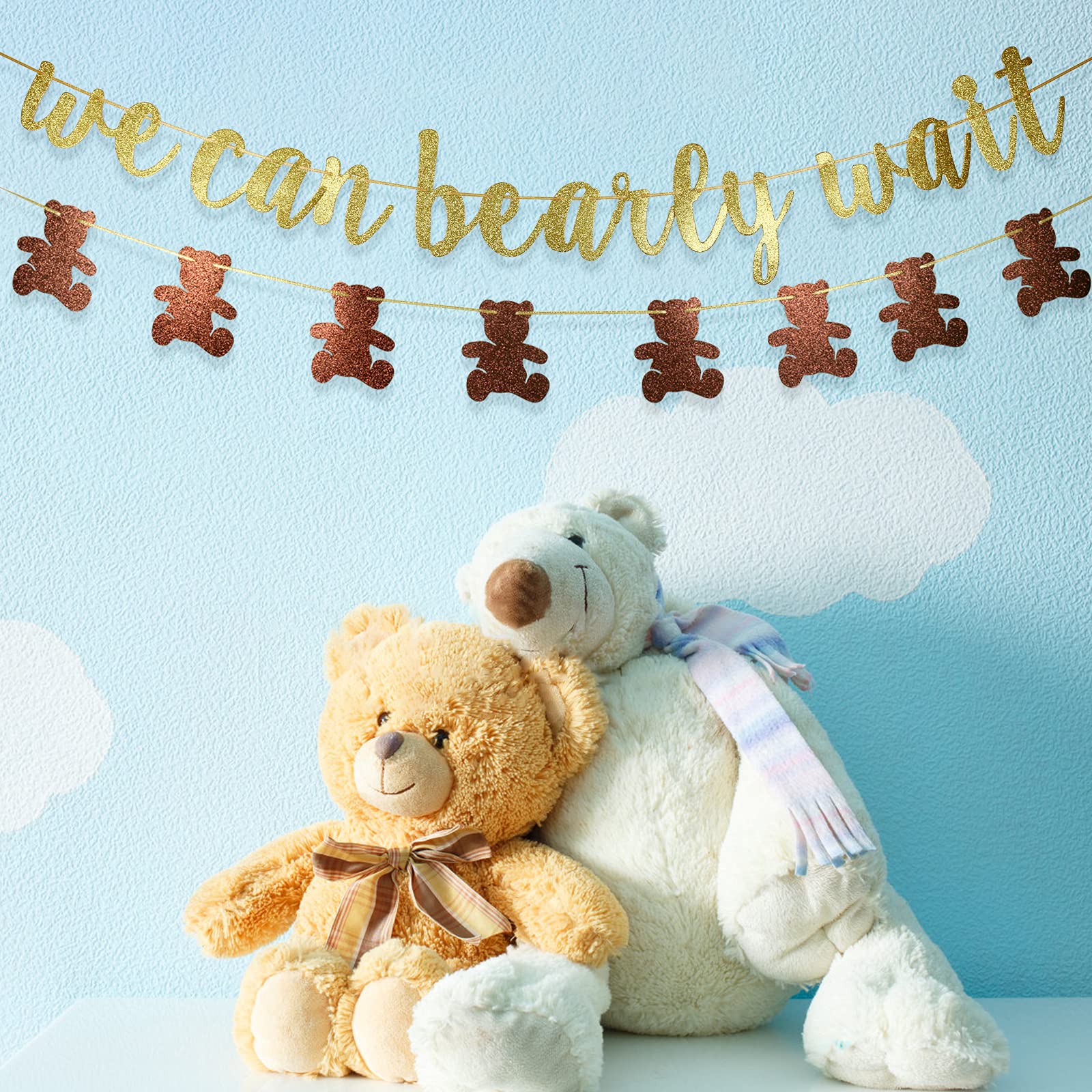 We Can Bearly Wait Glitter Banner, Baby Shower Decorations, Gender Reveal Party Supplies for Teddy Bear Theme Garland (Gold and Brown)