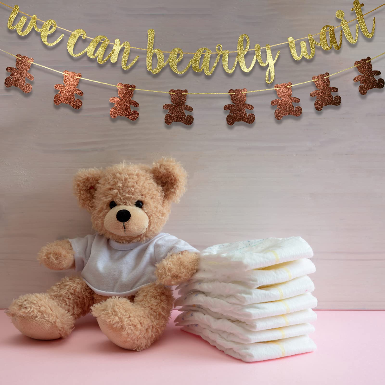 We Can Bearly Wait Glitter Banner, Baby Shower Decorations, Gender Reveal Party Supplies for Teddy Bear Theme Garland (Gold and Brown)