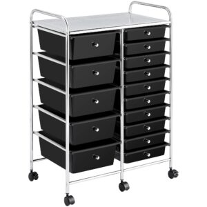 yaheetech 15 drawers rolling storage cart multipurpose mobile rolling utility storage organizer cart tools scrapbook paper organizer on wheels, black