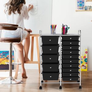 Yaheetech 15 Drawers Rolling Storage Cart Multipurpose Mobile Rolling Utility Storage Organizer Cart Tools Scrapbook Paper Organizer on Wheels, Black