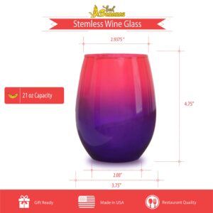 Bad Bananas Set of 2 - Pink and Purple Ombre 21 oz Stemless Wine Glasses - Colored Glassware - Colorful Drinking Glasses Wine Gifts for Women