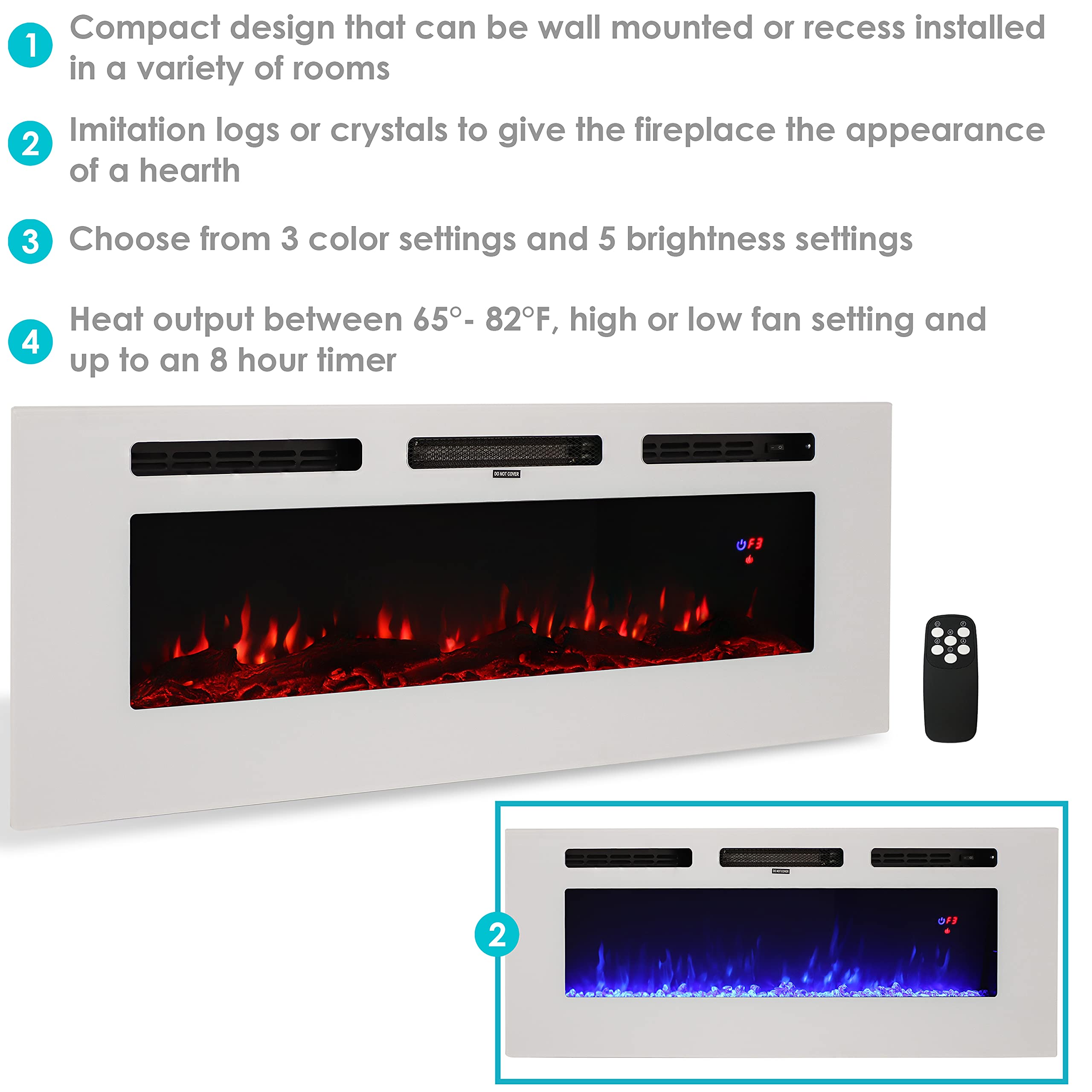 Sunnydaze Sophisticated Hearth 50-Inch Indoor Electric Fireplace - Wall-Mounted/Recessed - 3 Flame Colors - White