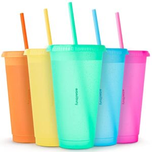 cups with lids and straws for adults - 5 glitter reusable cups with lids and straws in rainbow colors, 24 oz iced coffee & bulk party tumblers, plastic tumbler with lid and straw for water & smoothie