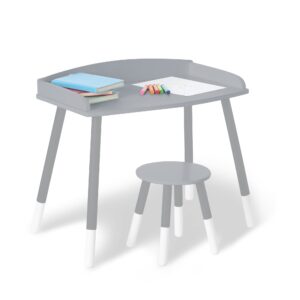 wildkin kids modern study desk and stool set for boys and girls, includes one matching stool, classic timeless design features panel edges on tabletop and solid wood legs (gray w/white)