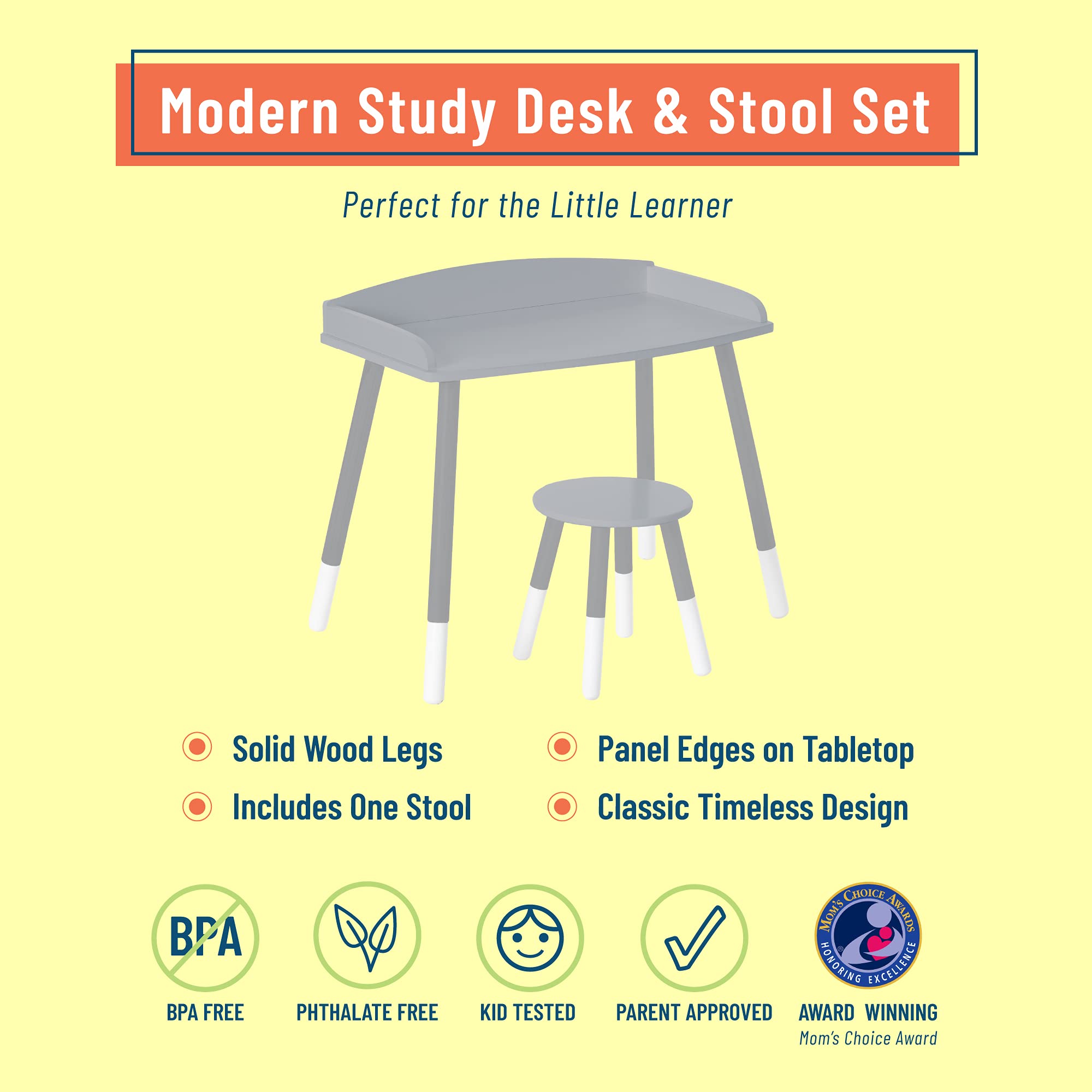 Wildkin Kids Modern Study Desk and Stool Set for Boys and Girls, Includes One Matching Stool, Classic Timeless Design Features Panel Edges on Tabletop and Solid Wood Legs (Gray w/White)