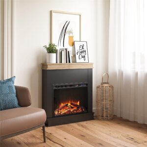 Ameriwood Home Mateo Fireplace with Mantel, Black with Natural Mantel