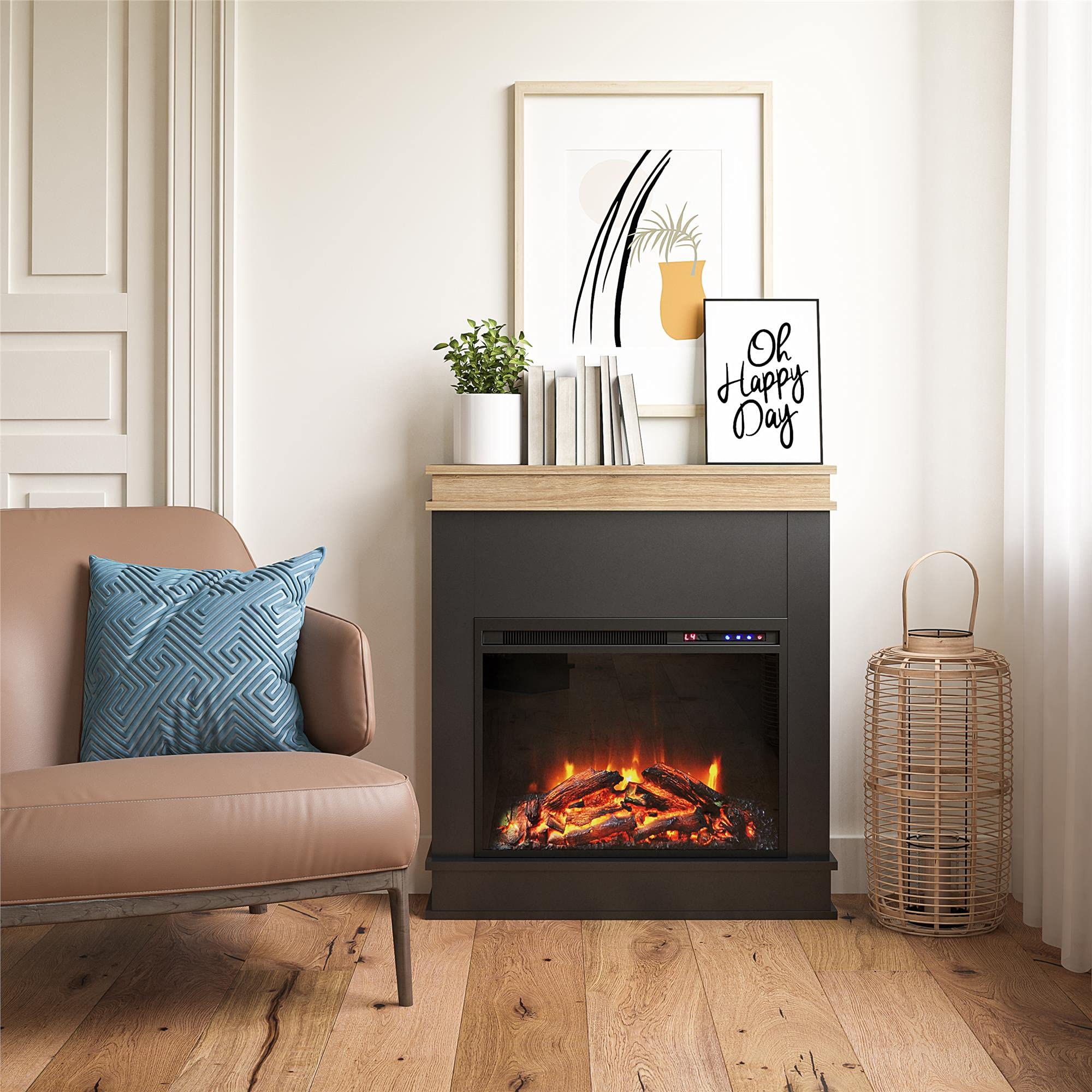 Ameriwood Home Mateo Fireplace with Mantel, Black with Natural Mantel