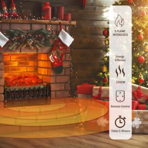 Waleaf Electric Fireplace Logs Set Heater 23", 1500W Freestanding Fireplace Insert with 5 Flame Brightness&Speed Realistic Ember Bed, 8H Timer