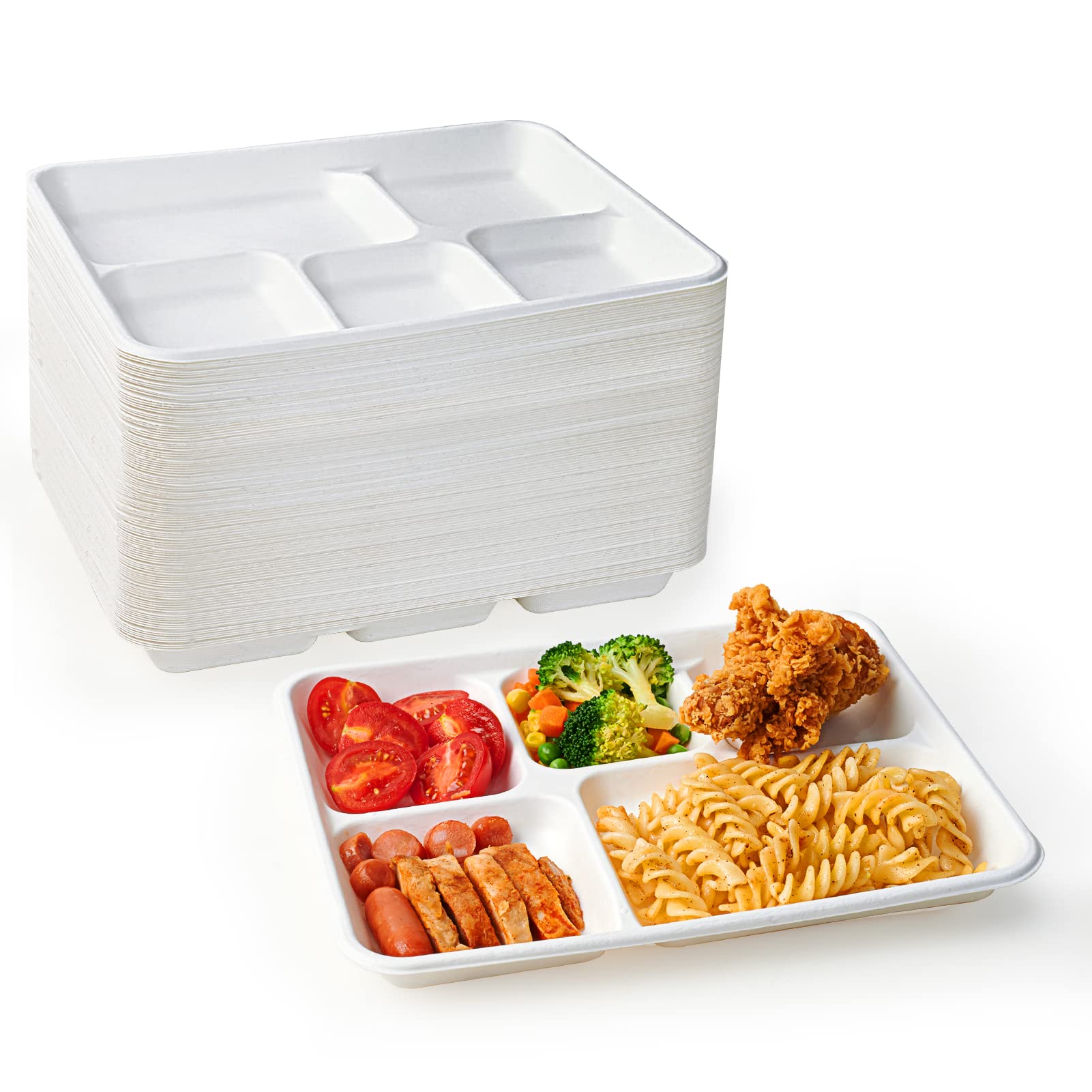 ECOLipak 100% Compostable 5 Compartment Plates, 125 Pack Disposable Paper Plates, Heavy-Duty Biodegradable Sugarcane Plates, Eco-Friendly School Lunch Trays