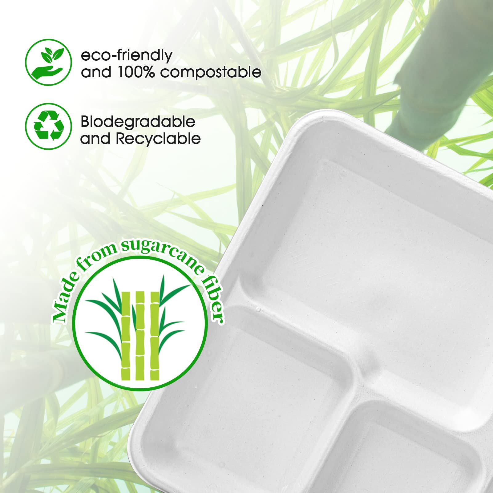 ECOLipak 100% Compostable 5 Compartment Plates, 125 Pack Disposable Paper Plates, Heavy-Duty Biodegradable Sugarcane Plates, Eco-Friendly School Lunch Trays