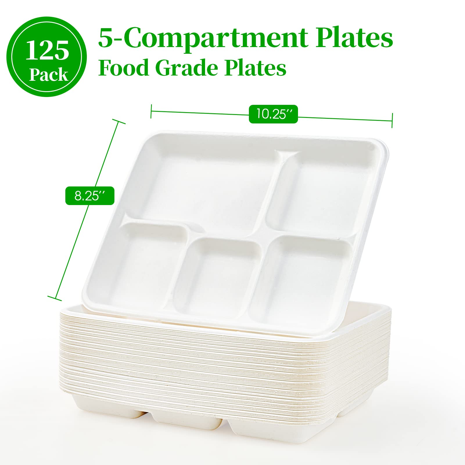 ECOLipak 100% Compostable 5 Compartment Plates, 125 Pack Disposable Paper Plates, Heavy-Duty Biodegradable Sugarcane Plates, Eco-Friendly School Lunch Trays