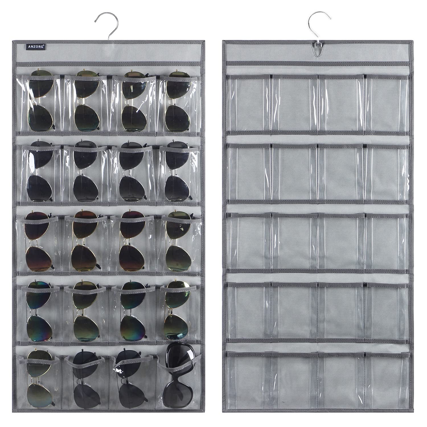 ANZORG Dual Sided Hanging Sunglasses Organizer Storage Wall Mounted Eyeglasses Holder Eyewear Display Case with 40 Clear Slots (40 Pockets-Grey)