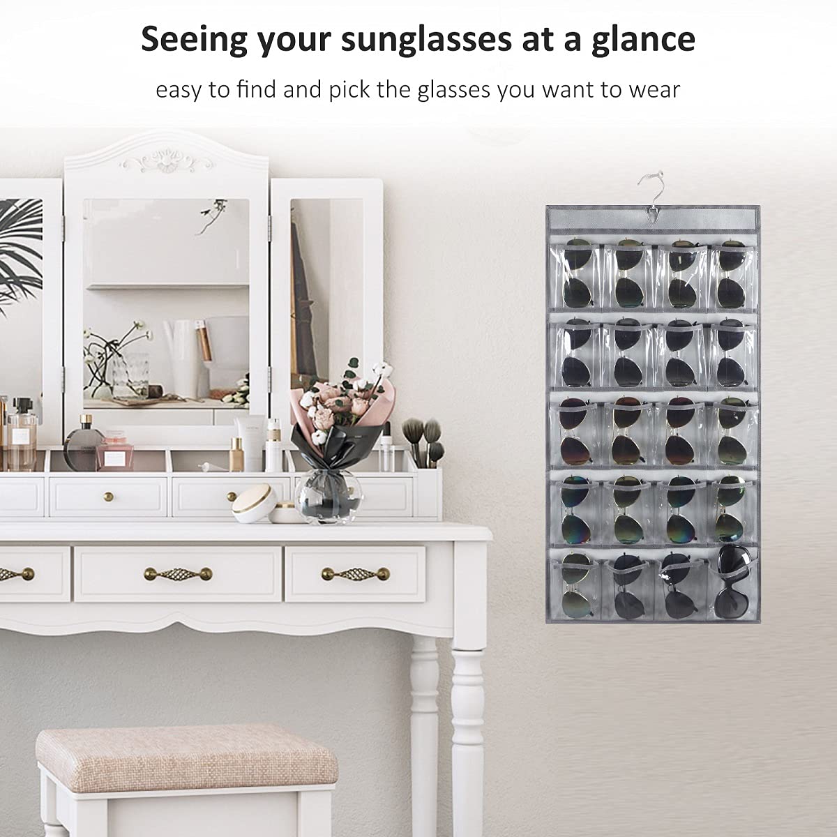 ANZORG Dual Sided Hanging Sunglasses Organizer Storage Wall Mounted Eyeglasses Holder Eyewear Display Case with 40 Clear Slots (40 Pockets-Grey)