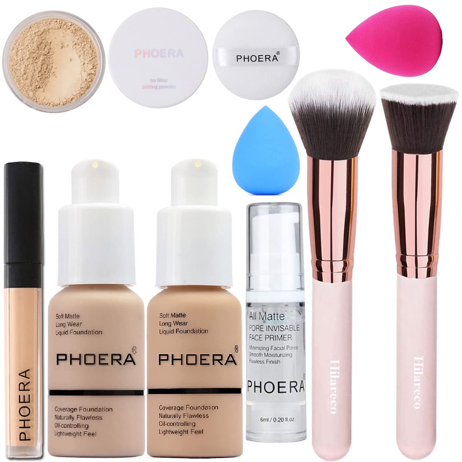 PHOERA Foundation,Full Coverage Foundation,PHOERA Primer,PHOERA Powder,PHOERA Concealer PHOERA Makeup Set, Kabuki Makeup Brushes Foundation Brush Powder,2 Makeup Sponge (102 Nude + 103 Warm peach)