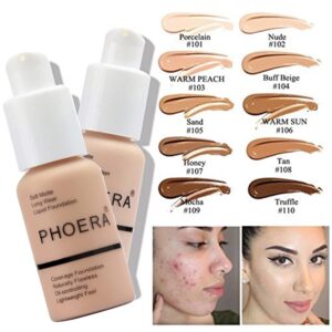 PHOERA Foundation,Full Coverage Foundation,PHOERA Primer,PHOERA Powder,PHOERA Concealer PHOERA Makeup Set, Kabuki Makeup Brushes Foundation Brush Powder,2 Makeup Sponge (102 Nude + 103 Warm peach)