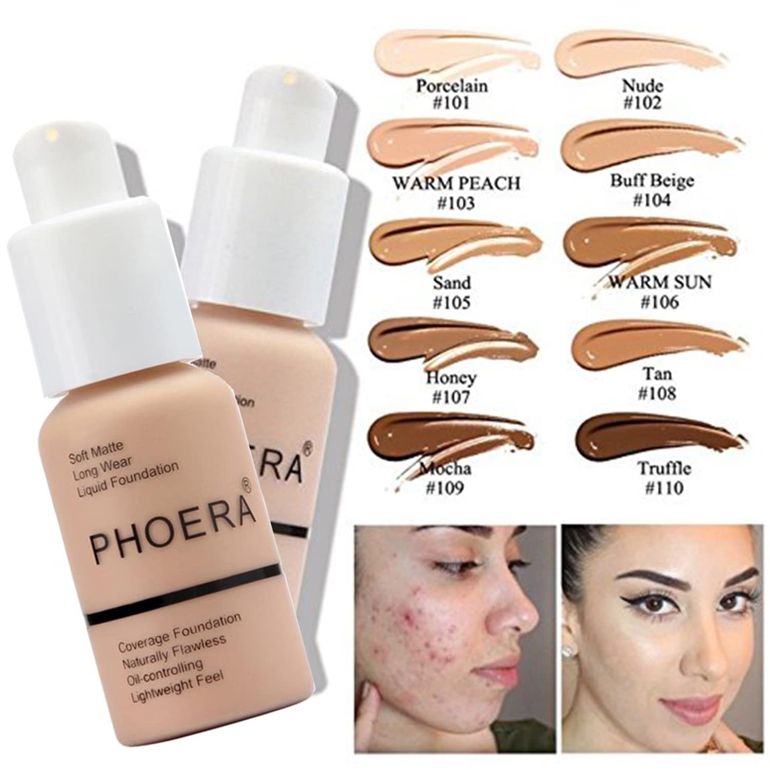 PHOERA Foundation,Full Coverage Foundation,PHOERA Primer,PHOERA Powder,PHOERA Concealer PHOERA Makeup Set, Kabuki Makeup Brushes Foundation Brush Powder,2 Makeup Sponge (102 Nude + 103 Warm peach)