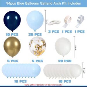 Blue Balloons Arch Garland Kit, 94PCS Blue Gold White Confetti Latex Balloons for Birthday Party Baby Shower Wedding Graduation Backdrop Decorations Party Supplies (Blue Gold)