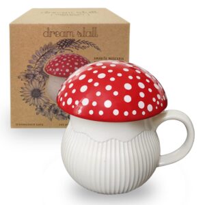 dreamstall mushroom mug with lid stoneware coffee cup with decorative gift box (red), cottagecore aesthetic decor