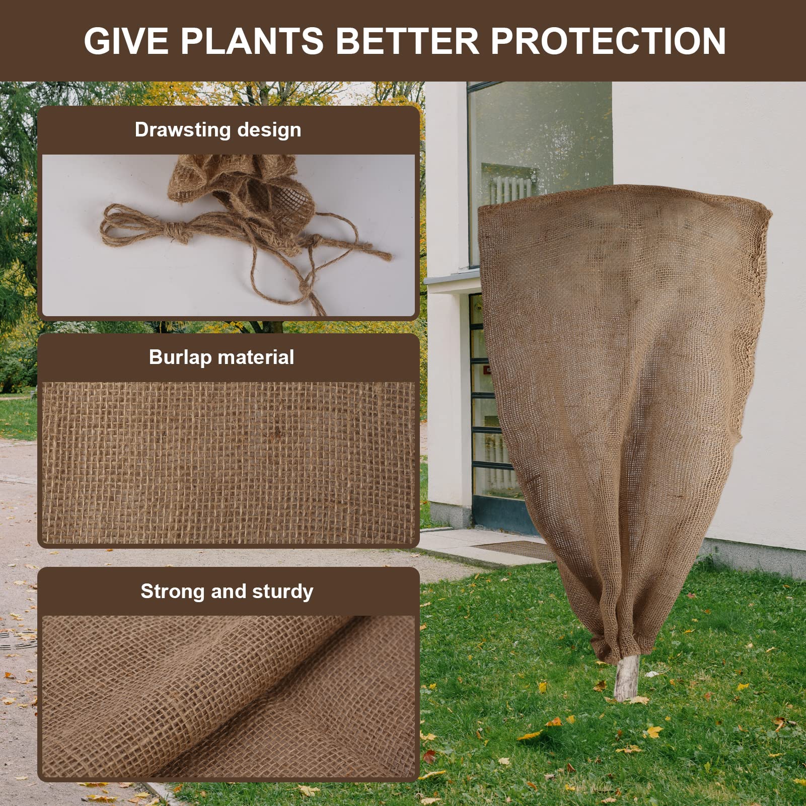 3 Pack 24″ × 40″ Reusable Warm Burlap Winter Plant Cover Bags with Drawstring Burlap Plant Covers Freeze Protection Large Plant Frost Cloth Cold Freeze Blanket Protecting Fruit Tree Potted Plants