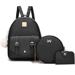i ihayner girls 3-pieces fahsion leather backpack purse set for women rucksack for ladies satchel shoulder bag bookbag for teen girls black